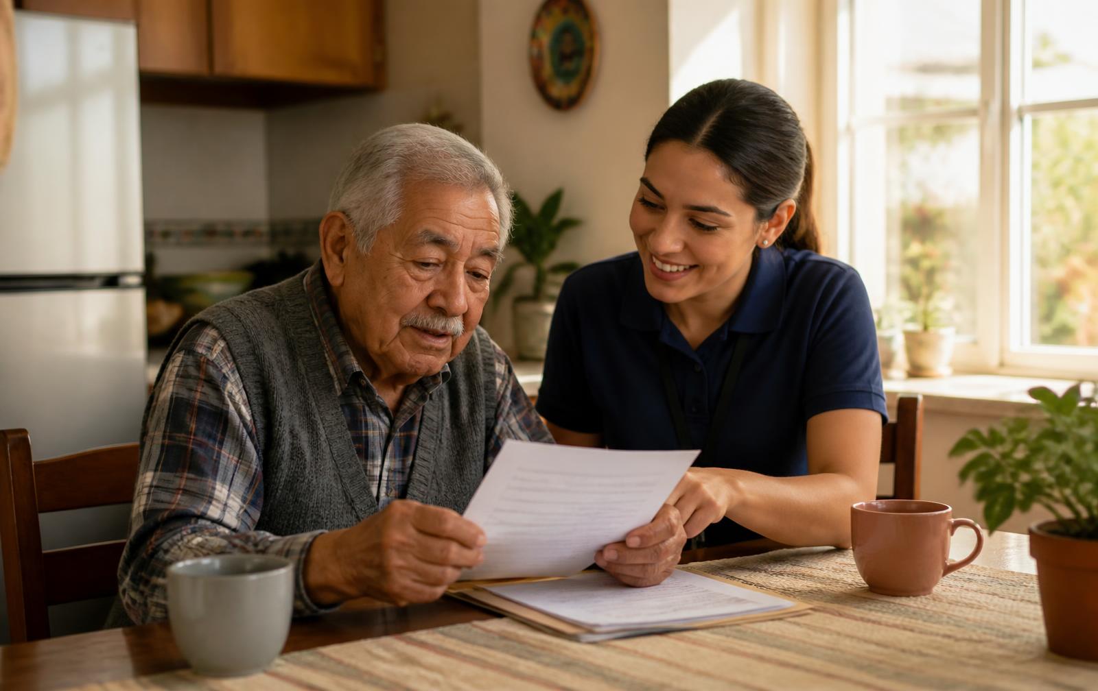 An older man and a volunteer reading a letter together at a kitchen table