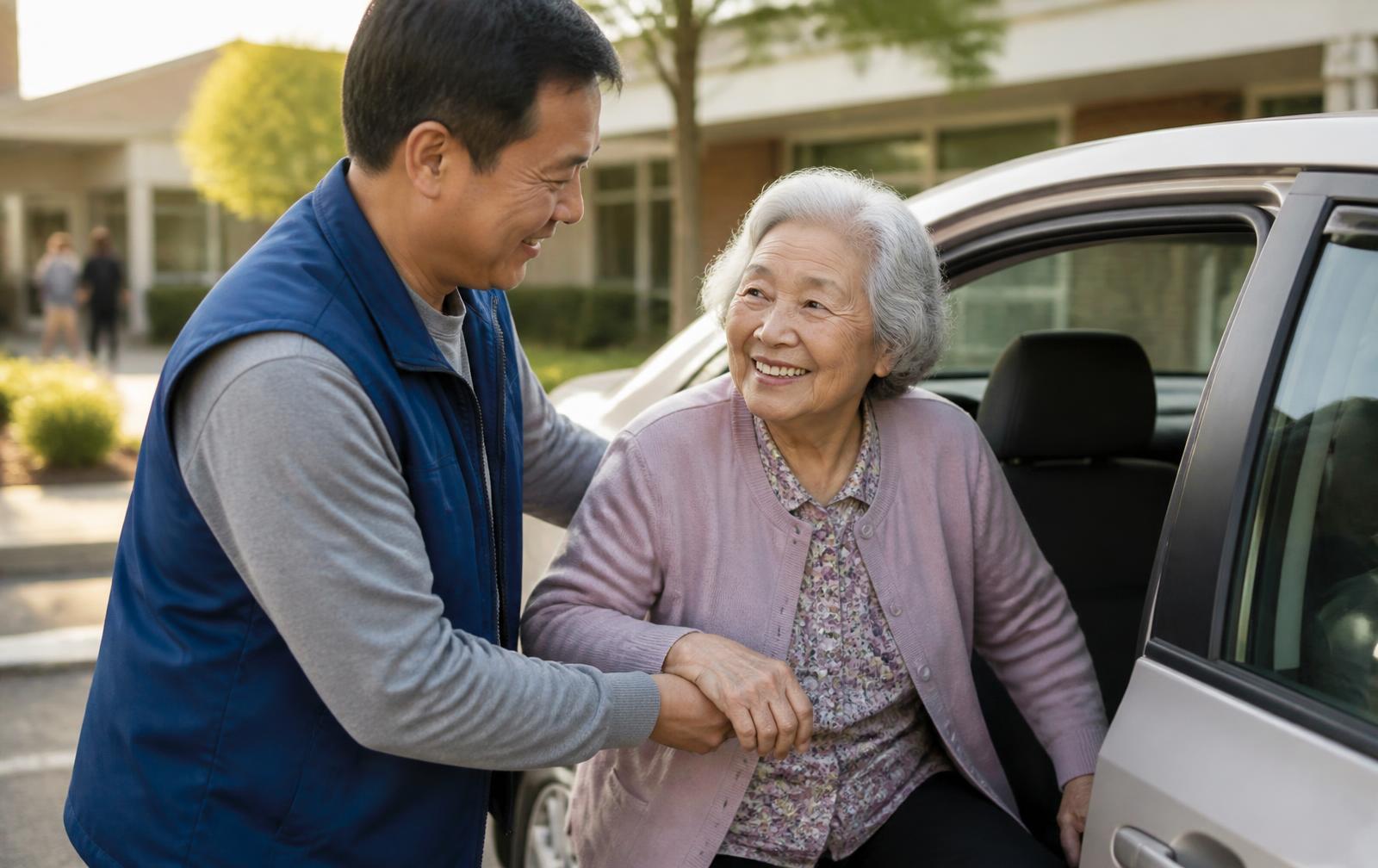 A volunteer driver helping an older woman into a car outside a clinic