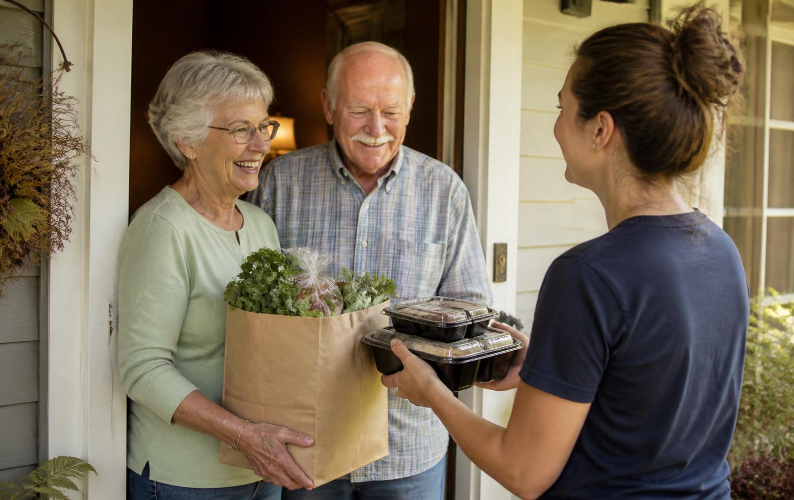 An older couple receiving groceries and meals at their front door